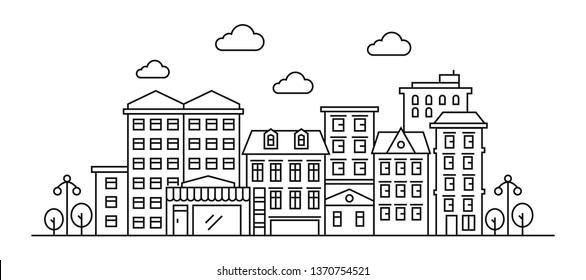 Thin Line Style City Panorama Of Urban Landscape Skyline City Office Buildings. Outline Cityscape. Wide Horizontal Panorama.