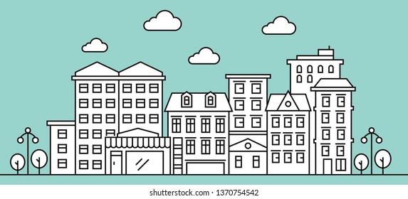 Thin line style city panorama. Illustration of urban landscape skyline city office buildings. Outline cityscape. Wide horizontal panorama.