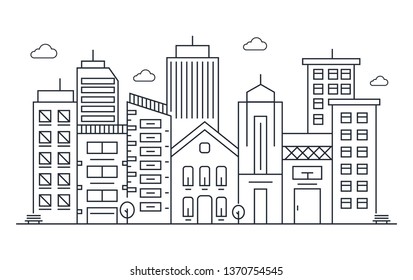Thin line style city panorama. Illustration of urban landscape skyline city office buildings. Outline cityscape. Wide horizontal panorama.