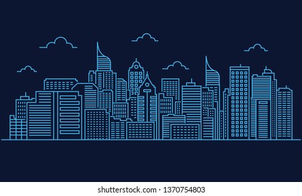 Thin line style city panorama. Illustration of urban landscape skyline city office buildings. Outline cityscape. Wide horizontal panorama.
