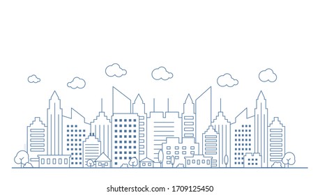 Thin Line Style City Panorama. Outline Cityscape. Stock Vector Illustration