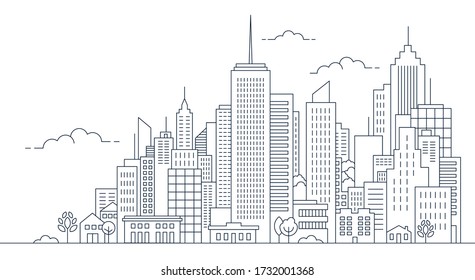 Thin line style city panorama. Illustration of urban landscape street with cars, skyline city office buildings, on light background. Outline cityscape. Wide horizontal panorama. Vector illustration