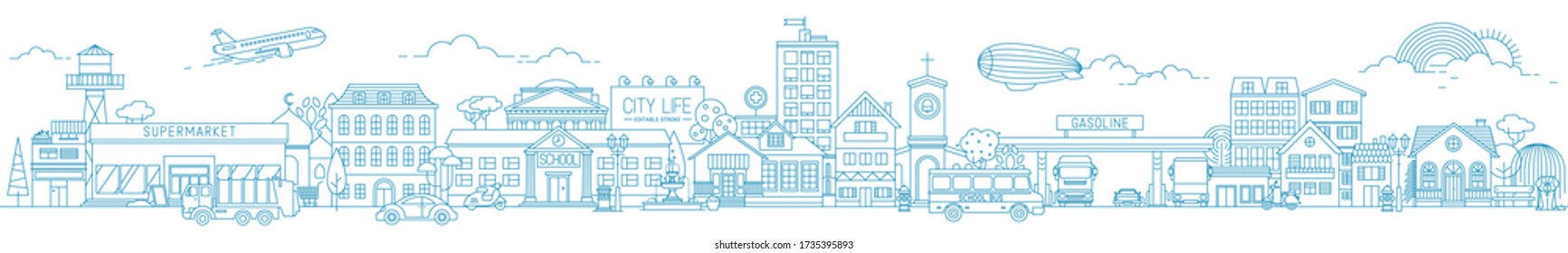 Thin line style city panorama. Illustration of urban landscape street with cars, skyline city office buildings, on light background. Outline cityscape. Wide horizontal panorama. Vector illustration