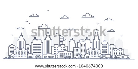 Thin line style city panorama. Illustration of urban landscape street with cars, skyline city office buildings, on light background. Outline cityscape. Wide horizontal panorama. Vector illustration
