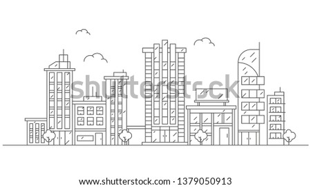 Thin line style city panorama. Illustration of urban landscape with skyline city office buildings