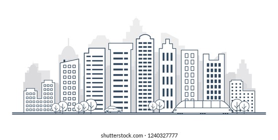 Thin line style city skyline. landscape with buildings, streets, cars, trees and trains. Panorama of city skyline.