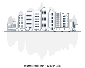 Thin line style city skyline with advertising area. landscape with buildings, streets, cars, trees and trains. Panorama of city skyline. Urban landscape with copy space area.