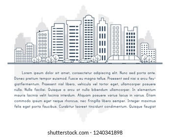 Thin line style city skyline with advertising area. landscape with buildings, streets, cars, trees and trains. Panorama of city skyline. Urban landscape with copy space area.