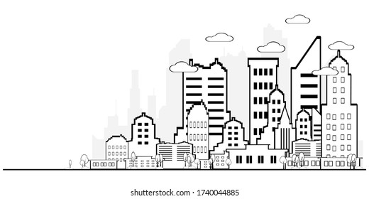 Thin line style city.Illustration of urban landscape street with Outline cityscape