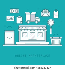 Thin line style design for online marketplace concept. Flat vector elements for web applications and banners