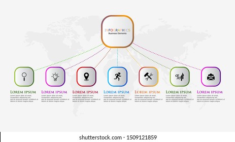 Thin line style infographic options template. 
Modern concept design template with 7options, steps or parts.