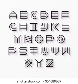 Thin Line Style, Linear Uppercase Modern Font, Typeface, Latin Alphabet With Shadow Effect Vector Design Element