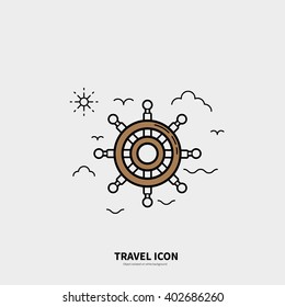Thin line style logotype template with marine helm. Isolated on background and easy to use. Perfect logo for adventure, cruise company and travel concept. 