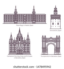 Thin line style of Spain sightseeing architecture landmarks. Cathedral of Holy Cross or St Eulalia in Barcelona, Main Square or Plaza Mayor in Madrid, Torre del Oro, Triumphal Arch or Arc. Spanish