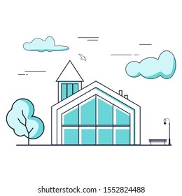 Thin line style suburban house. For web design and application interface. Real estate business illustration