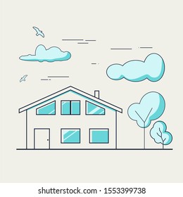 Thin line style suburban house. For web design and application interface. Real estate business illustration