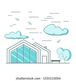 Thin line style suburban house. For web design and application interface. Real estate business illustration