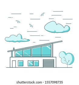 Thin line style suburban house. For web design and application interface. Real estate business illustration