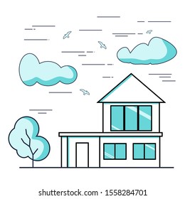 Thin line style suburban house. For web design and application interface. Real estate business illustration