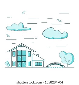 Thin line style suburban house, tree and stone bridge. For web design and application interface. Real estate business illustration