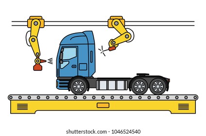 Thin line style truck assembly line. Automatic transport production conveyor. Robotic truck machinery industry concept. Vector illustration.
