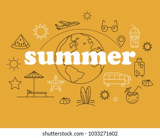 Thin Line Style Vector Summer Illustration with travel icons.Outline flat design banner for travel web page, holiday trip planning, tour organization. Summer time colored poster. Editable stroke.