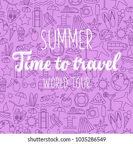 Thin Line Style Vector Summer Illustration with travel icons.Outline flat design banner for travel web page, holiday trip planning, tour organization. Summer time colored poster. Editable stroke.