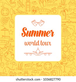 Thin Line Style Vector Summer Illustration with travel icons.Outline flat design banner for travel web page, holiday trip planning, tour organization. Summer time colored poster. Editable stroke.