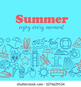 Thin Line Style Vector Summer Background with travel icons.Outline flat design banner for travel web page, holiday trip planning, tour organization. Summer time colored poster. Editable stroke.