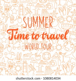Thin Line Style Vector Summer Illustration with travel icons.Outline flat design banner for travel web page, holiday trip planning, tour organization. Summer time colored poster. Editable stroke.