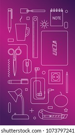 Thin line style workplace tools.Vector illustration.