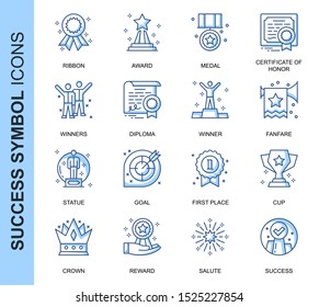 Thin Line Success Related Vector Icons Set for Website and Mobile Site and Apps. Outline icons design. Contains such Icons as Ribbon, Winner, Reward and more. Linear Pictogram Pack.