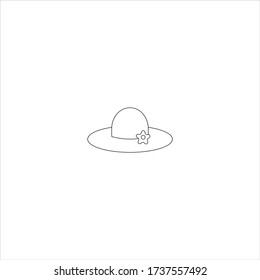 Delgado sombrero de verano con un pequeño vector floral sobre fondo blanco. Iconos de verano minimalistas. Símbolos de vacaciones. 