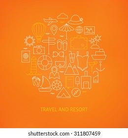 Thin Line Summer Holiday Travel Icons Set Circle Shaped Concept. Vector Illustration of Resort and Beach Resort Objects over Orange Background