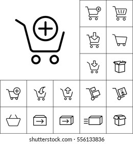 thin line supermarket trolley add icon on white background, online shopping set