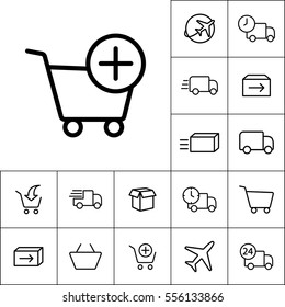 thin line supermarket trolley add icon on white background, shipping icons set