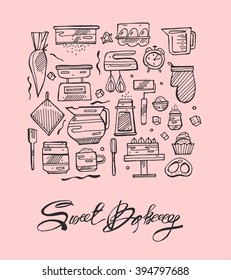 Thin line  sweet bakery kitchen  hand draw vector icons set. Icons for food and drink, restaurant, cafe and bar, food delivery on pink background.Sweet bakery hand draw calligraphy.Part 1.