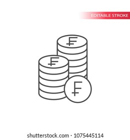 Thin line swiss franc coin stack icon. Outline, fully editable swiss franc coins stacks icon.