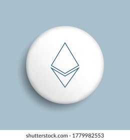 Thin line symbol of Ethereum cryptocurrency on white realistic button on a blue background