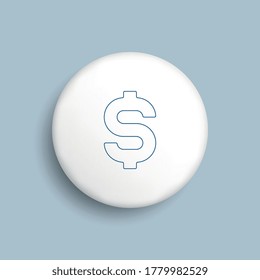 Símbolo delgado de la moneda del dólar estadounidense sobre botón blanco realista sobre fondo azul