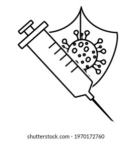 Thin line syringe with a shield and virus icon vector image. Royalty-free.