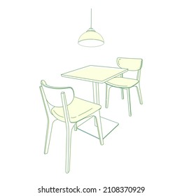 Thin line table, chair, lamp, cafe. Line drawing furniture for a coffee shop.