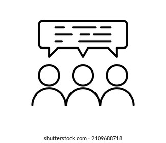 thin line teamwork icon like virtual webinar or chatroom. simple outline trend modern thought logotype graphic lineart stroke art design isolated on white. concept of three people with speechbubble.