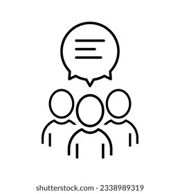 ícono de trabajo en equipo de línea delgada como webinar virtual o chatroom. tendencia de contorno simple pensamiento moderno logotipo de diseño de trazo de lino gráfico de lino aislado en blanco. concepto de tres personas con burbuja de discursos