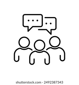 thin line teamwork icon like virtual webinar or chatroom. simple outline trend modern thought logotype graphic lineart stroke art design isolated on white. concept of three people with speechbubble