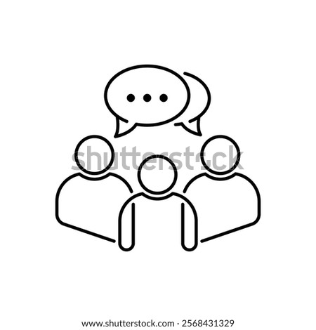 thin line teamwork icon like virtual webinar or chatroom. simple outline trend modern thought logotype graphic lineart stroke art design isolated on white. concept of three people with speechbubble