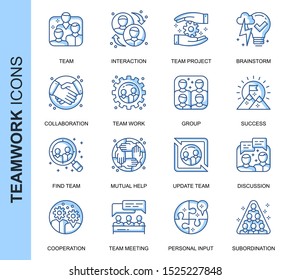 Thin Line Teamwork Related Vector Icons Set for Website and Mobile Site and Apps. Outline icons design. Contains such Icons as Cooperation, Collaboration, Team Meeting and more. Linear Pictogram Pack.