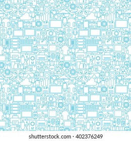 Thin Line Technology Gadgets White Seamless Pattern. Vector Website Design and Seamless Background in Trendy Modern Outline Style. Electronics and Devices.