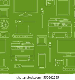 Thin Line Technology Gadgets White Seamless Pattern. Vector Website Design and Seamless Background in Trendy Modern Outline Style. Electronics and Devices.