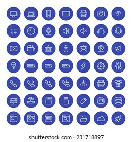 Thin line technology icons set for web and mobile apps. White and blue colors flat design. Computer, smartphone, battery, sound, settings, data